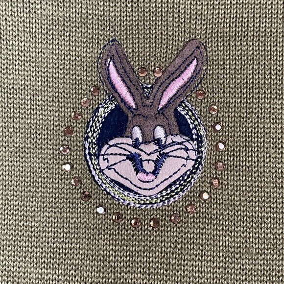 Wool Sweater Rabbit Patch Quirky Green Turtleneck Long Sleeve Bunny Pullover - Picture 3 of 12